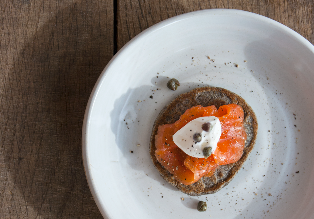 Buckwheat Blini with Snaggletooth Ocean Trout Gravlax